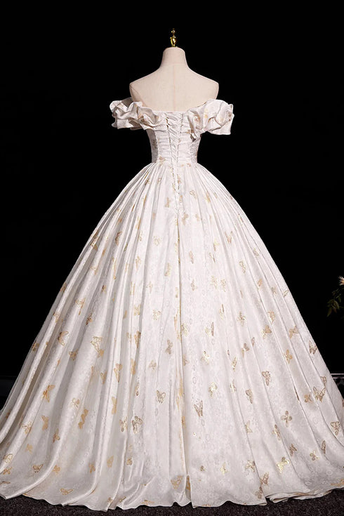 Beautiful A-line Floral Satin Off Shoulder Long Formal Gowns, Satin Floor Length Prom Dress